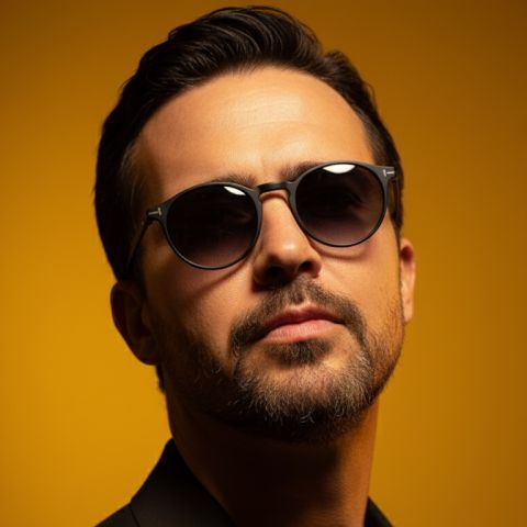 Confident man portrait edit vintage sunglasses golden amber background