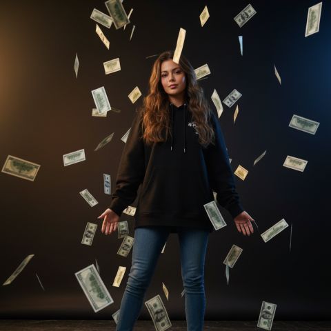 Man showered in cash cinematic streetwear low angle shot