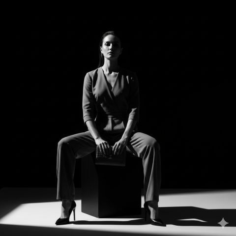 High contrast black and white studio portrait woman clutch handbag