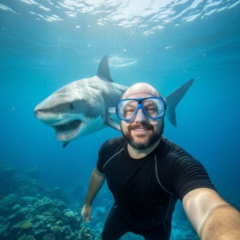 Ultra-realistic underwater selfie with shark Great Barrier Reef