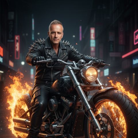 Realistic man on fiery Ghost Rider bike cinematic close-up