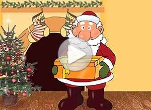  Tarjeta animada de Navidad, Pap� noel entrega tu regalo en mano. 