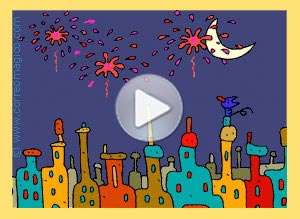  Tarjeta animada de A&ntilde;o Nuevo, Fuegos sobre la ciudad. 