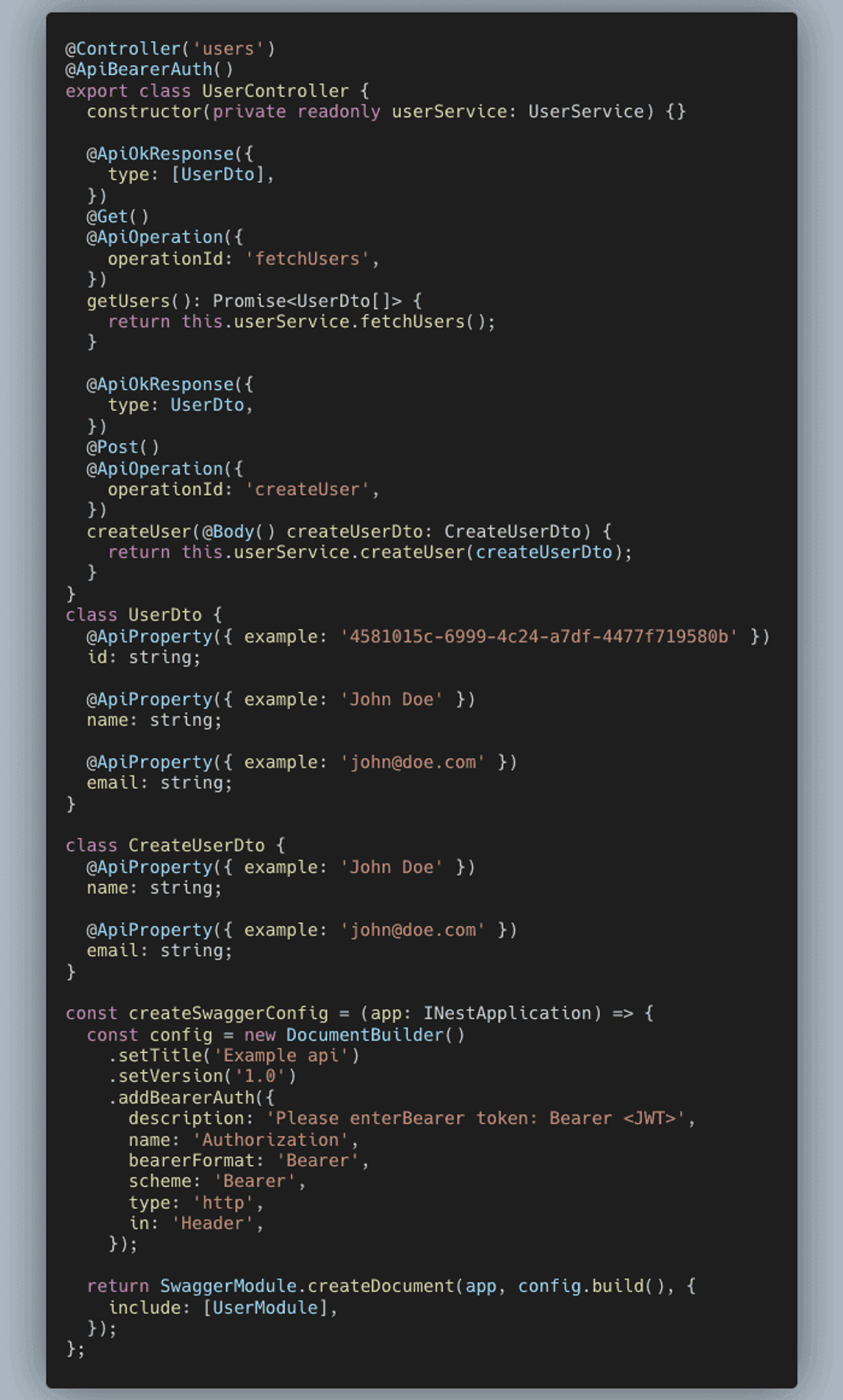 A code snippet that allows you to integrate your app with Swagger.