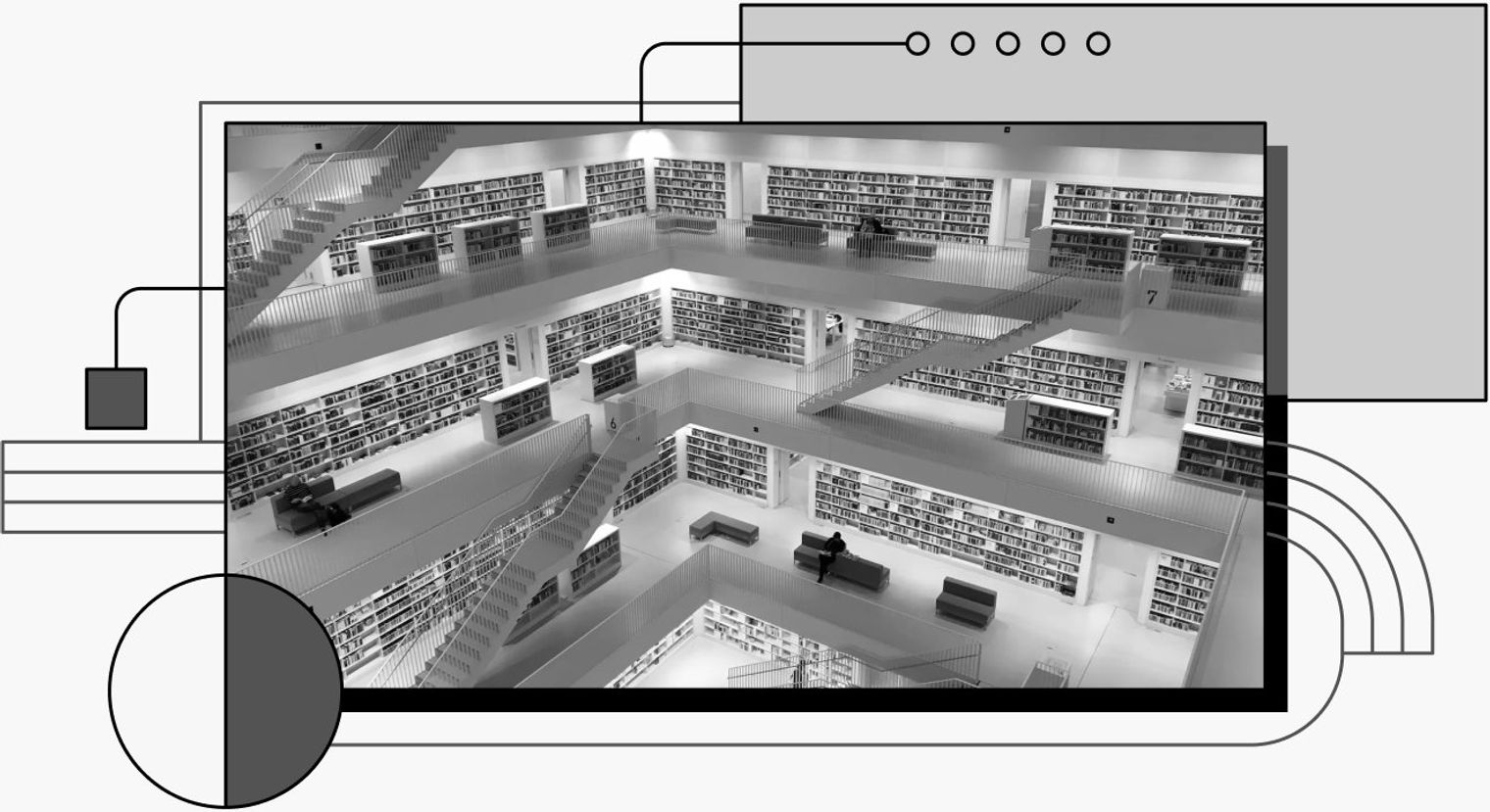 decorative cover image showing a large library database