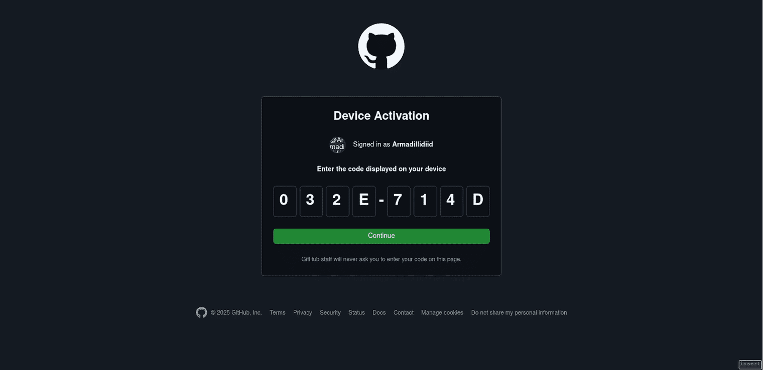 Screenshot demonstrating the process of entering a one-time code for device activation in GitHub