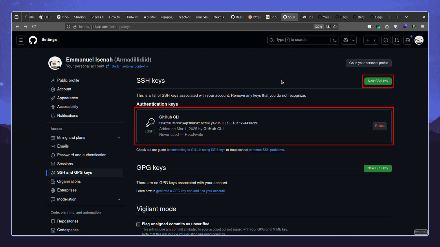 Screenshot of the SSH key settings section in the GitHub interface, showing options to add and manage SSH keys.