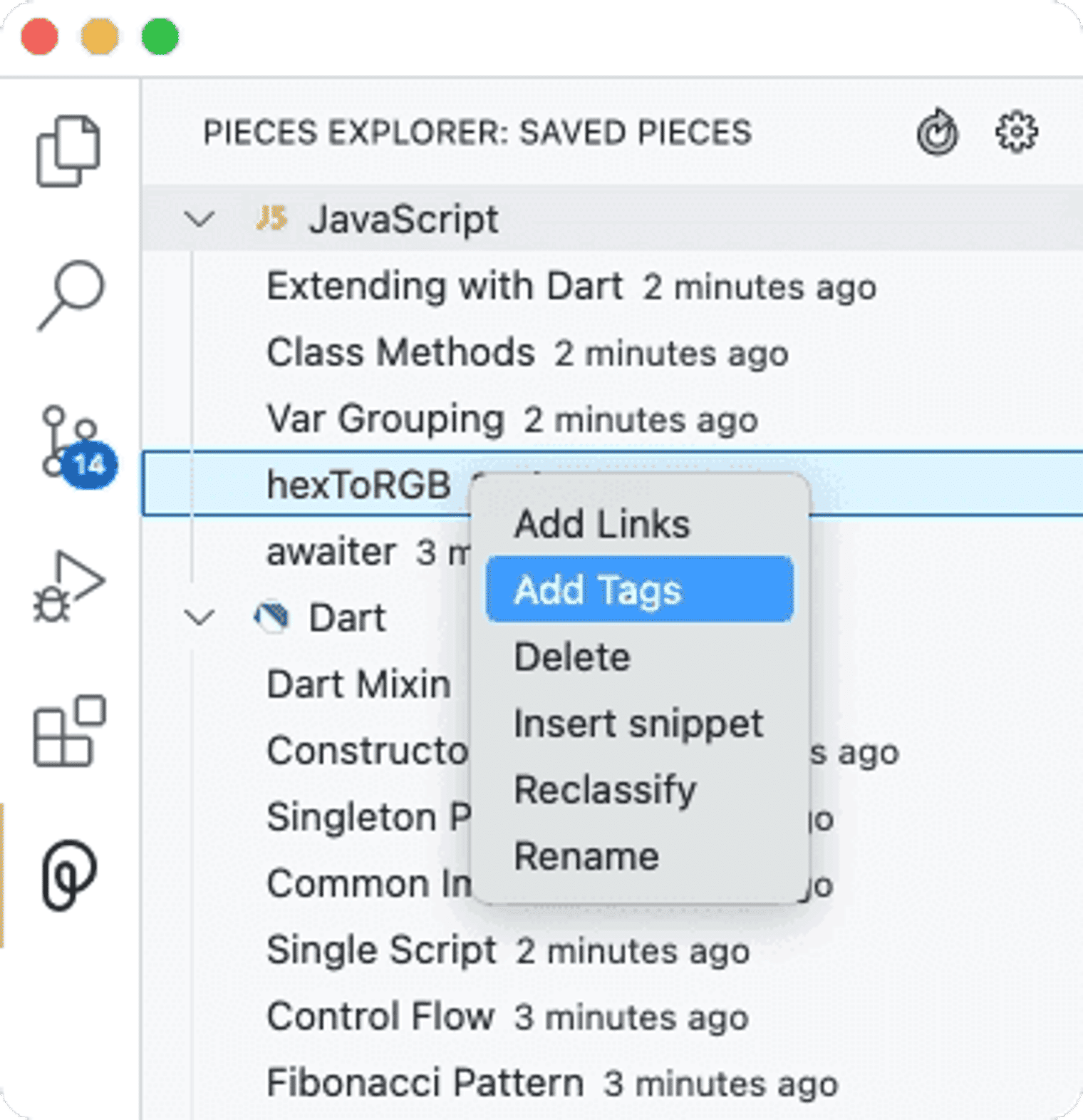 pieces right click add tags feature