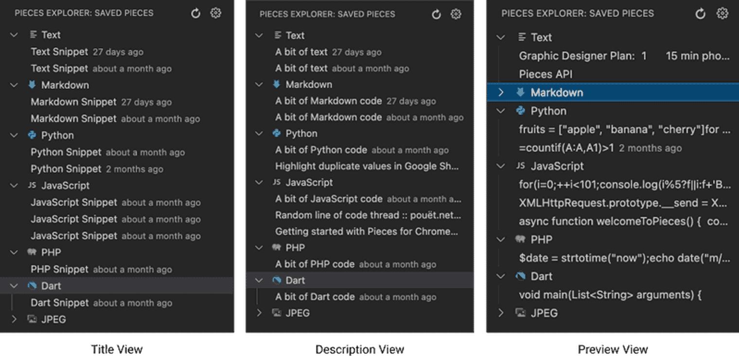 different pieces views in VS Code title view, description view, preview view