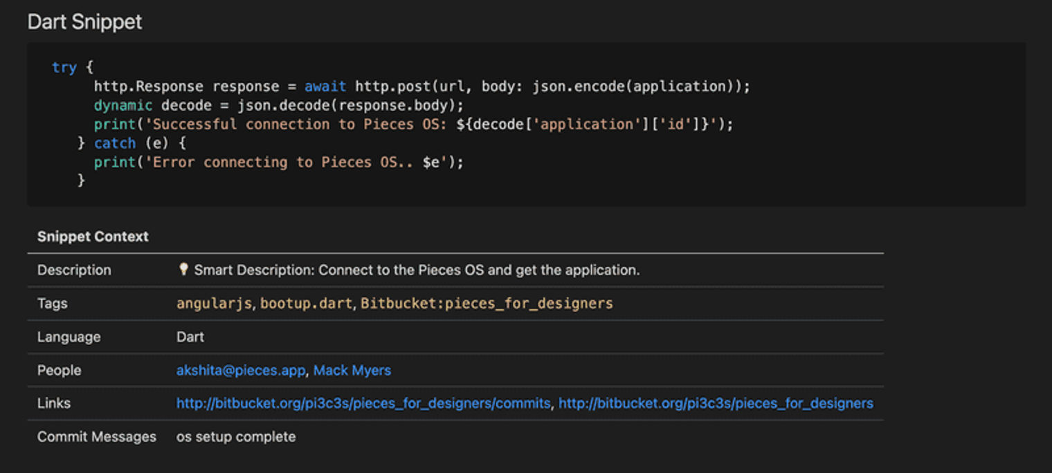 Git history being shown off in the Pieces metadata section in VS Code