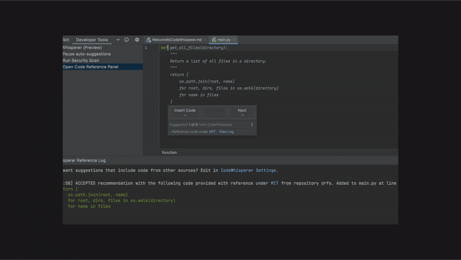 Amazon Codewhisperer UI