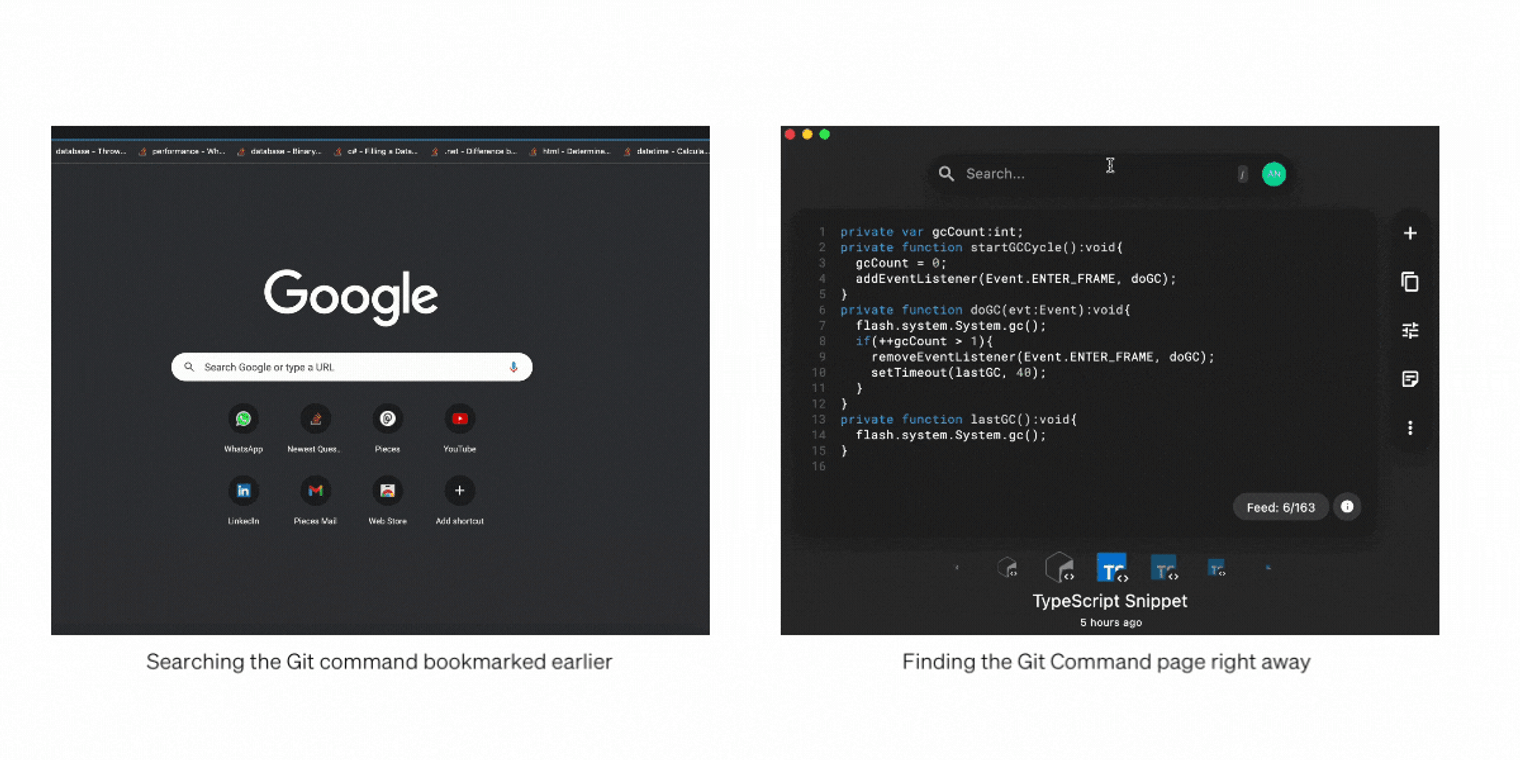 Searching for code using bookmarks versus searching for code in Pieces.