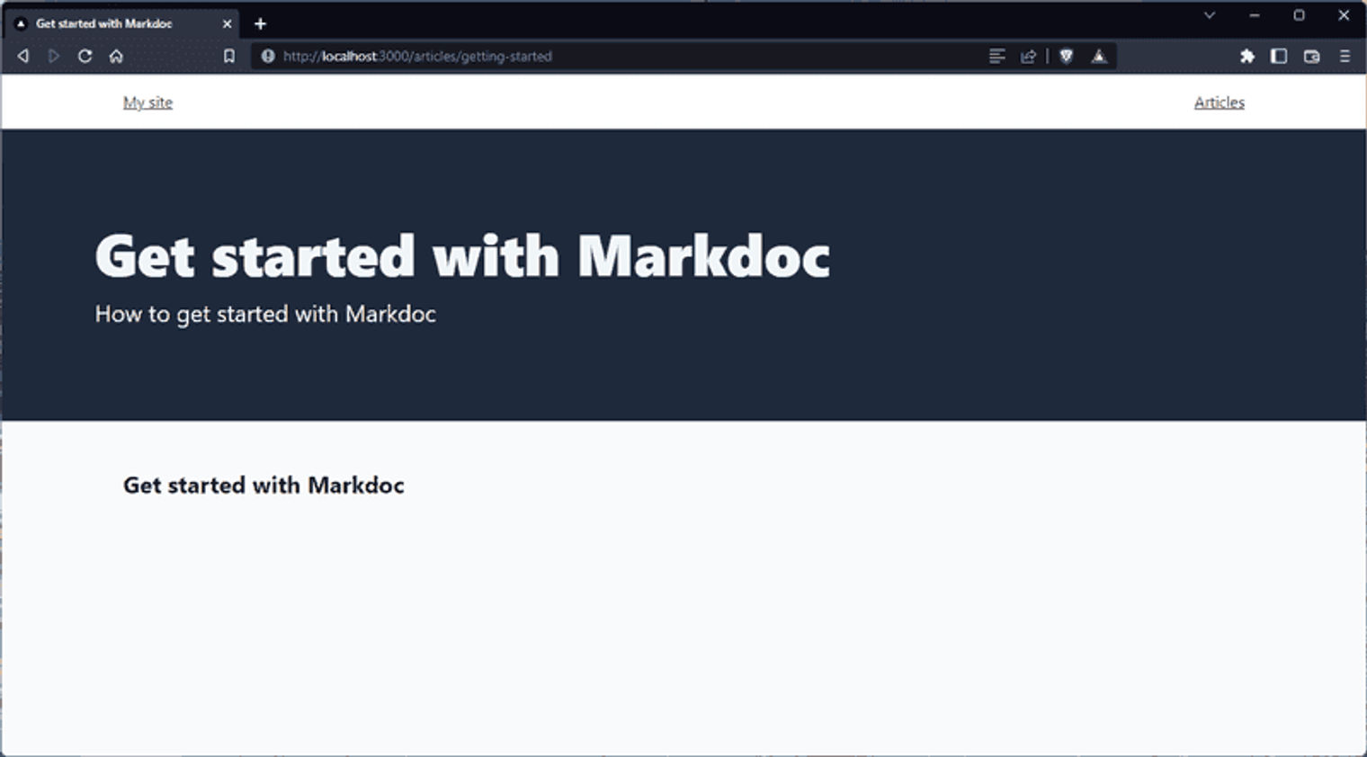get started with markdoc webpage with a dark gray container at the top of the page