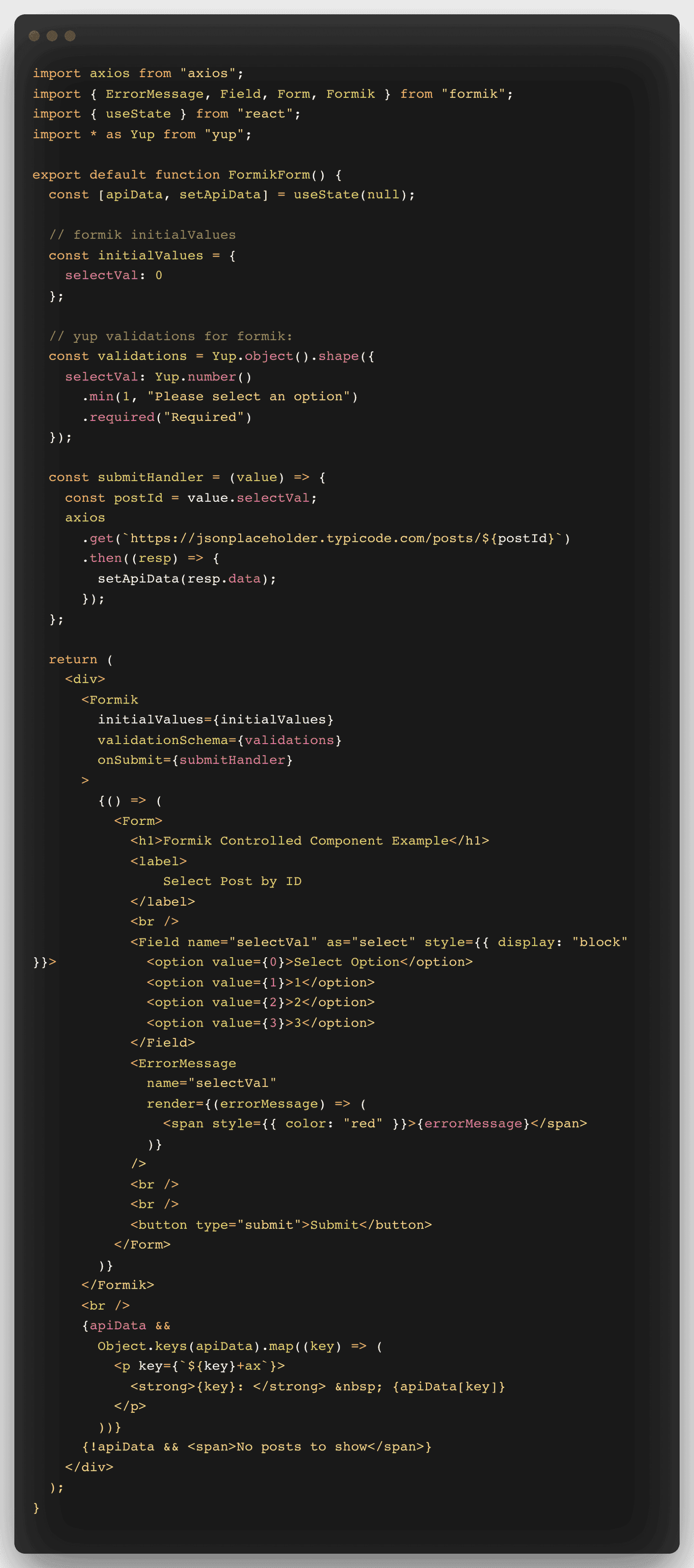 A code snippet with a React component.