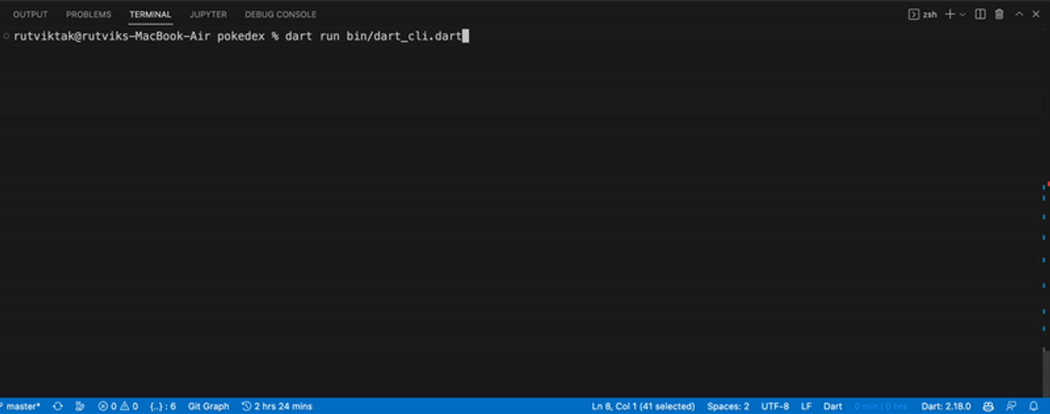 Output of the Dart CLI code above showing an options picker in the terminal.