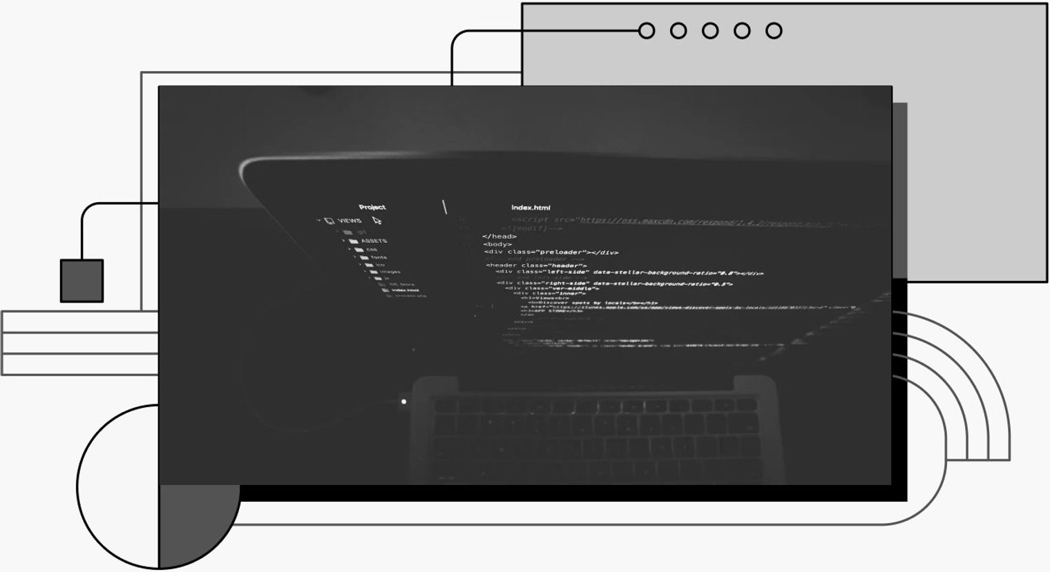 decorative cover image showing a fisheye view of a laptop screen with code on it
