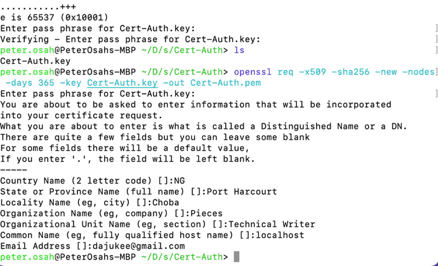 private key and passphrase in the terminal