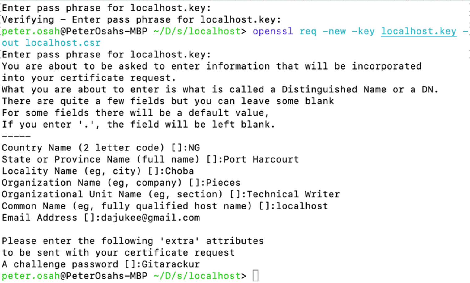 requested challenge password in the terminal