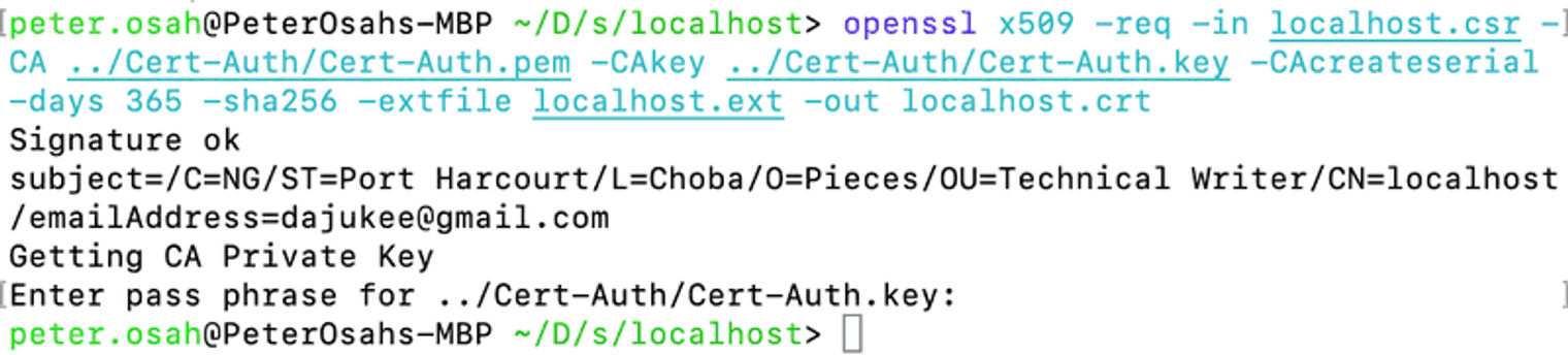 CA certificate and the CSR in the terminal