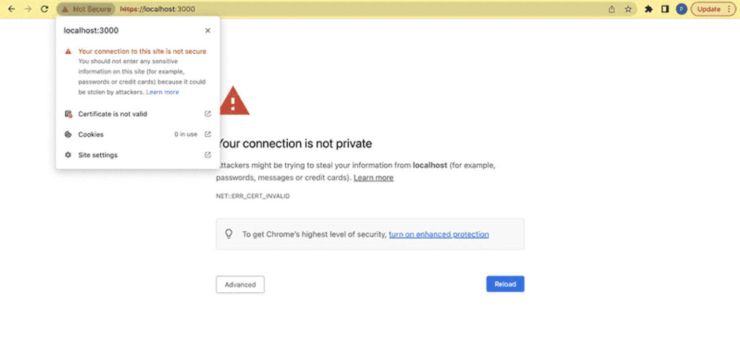 chrome window showing an alert that communicates that the user's connection is not private