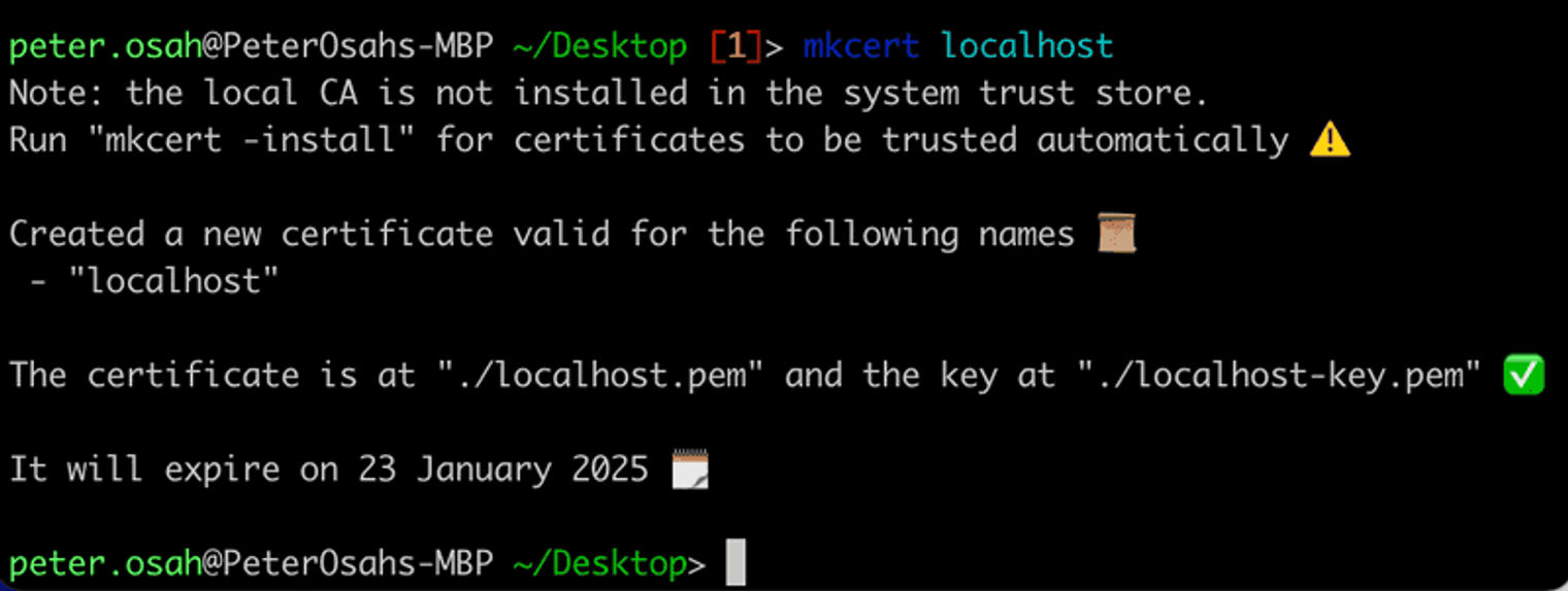 running a command to create an SSL certificate for localhost