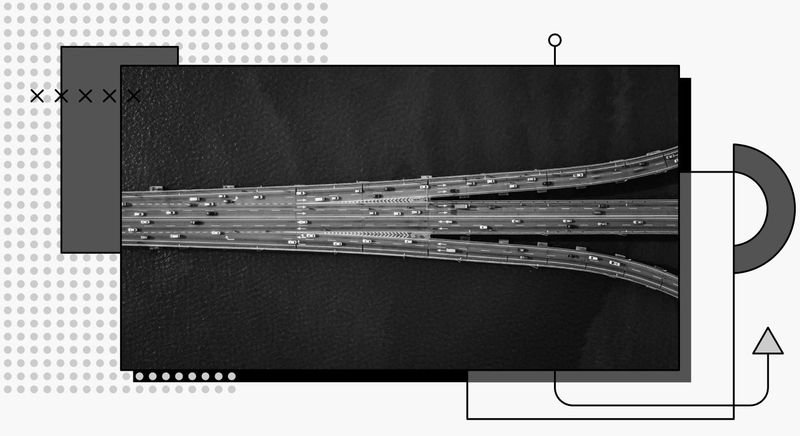 An aerial view of three roads merging into one.