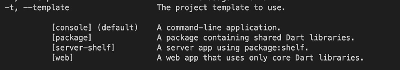 Lines in the terminal that show the various templates available for Dart