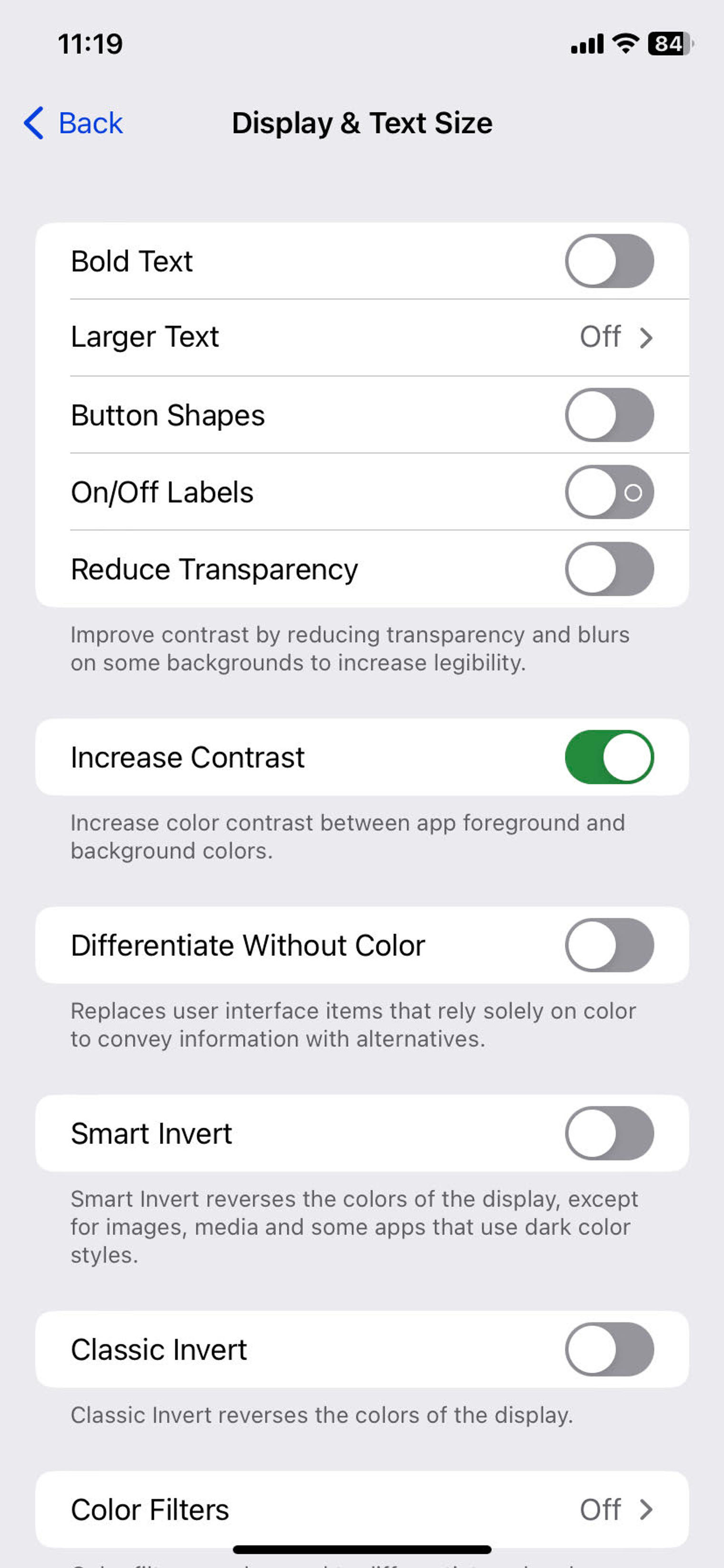 A screenshot of the settings view showing