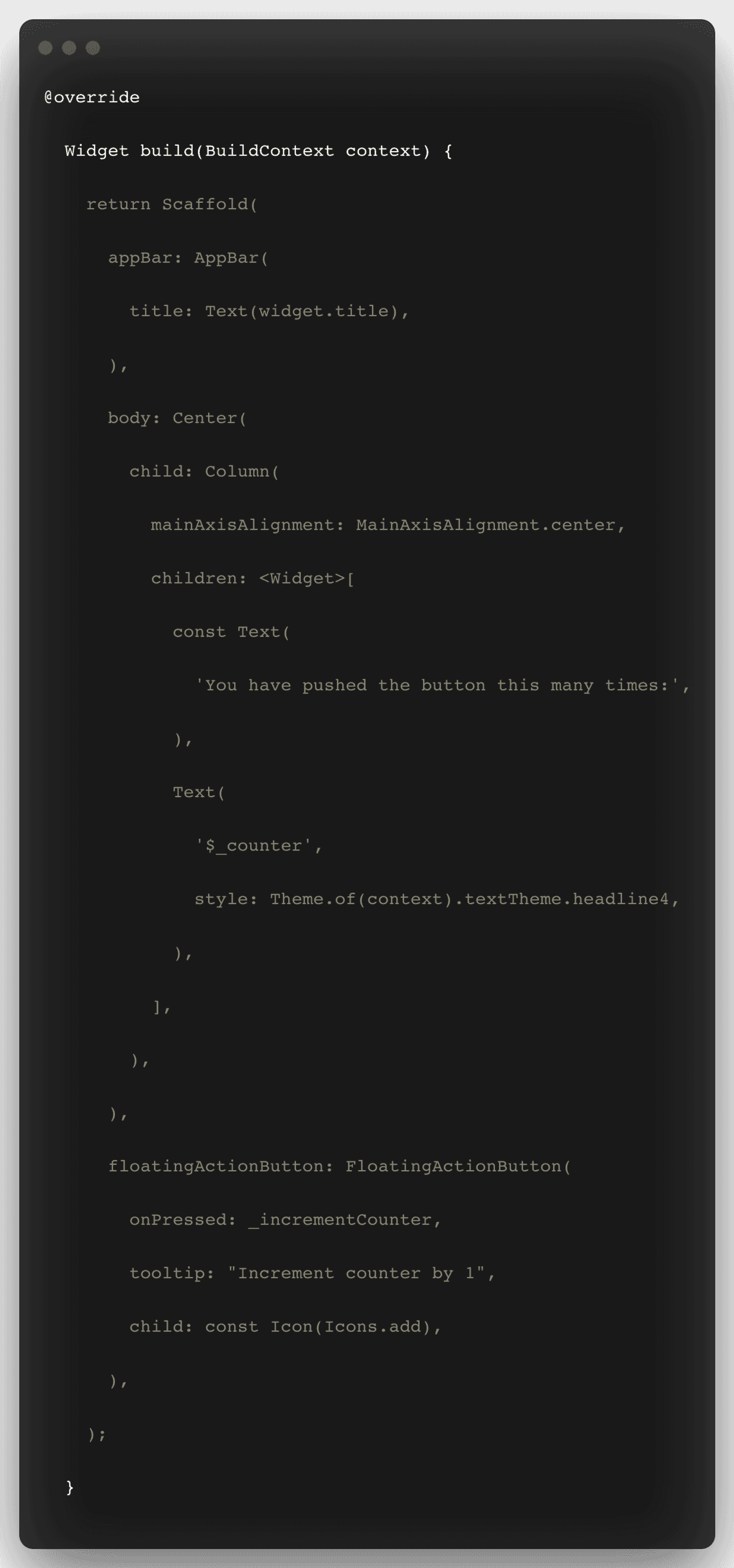 A code snippet with several Flutter widgets.