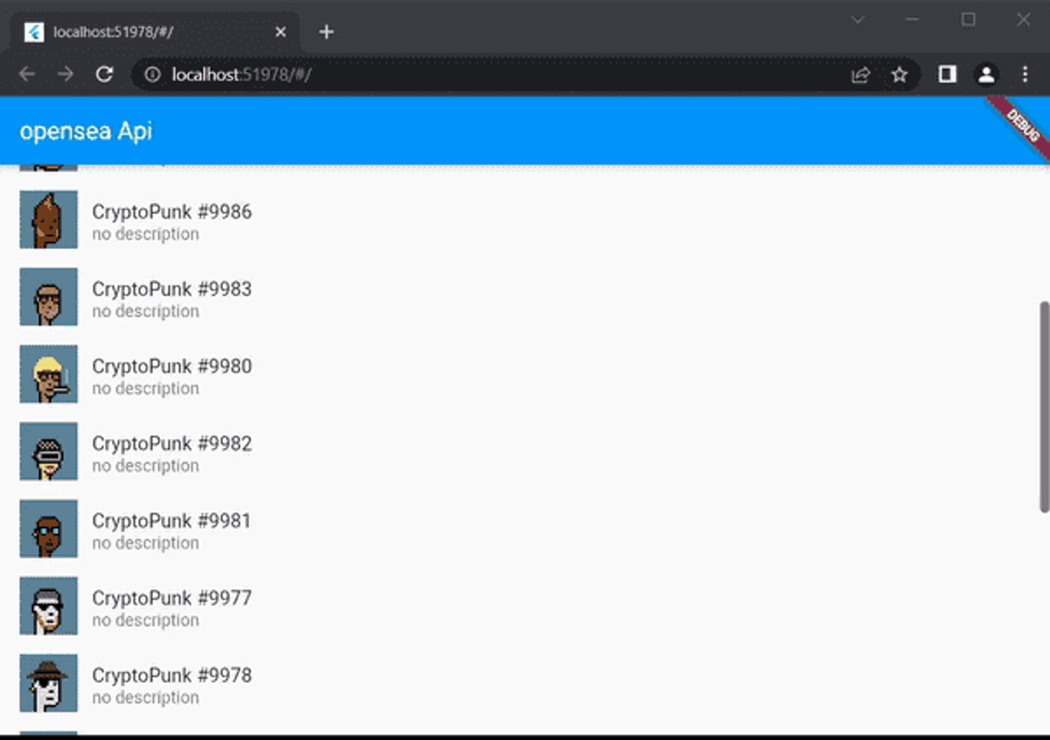 webpage displaying opensea Api and avatars with their tags