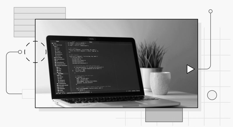 A computer with an open IDE next to a plant.