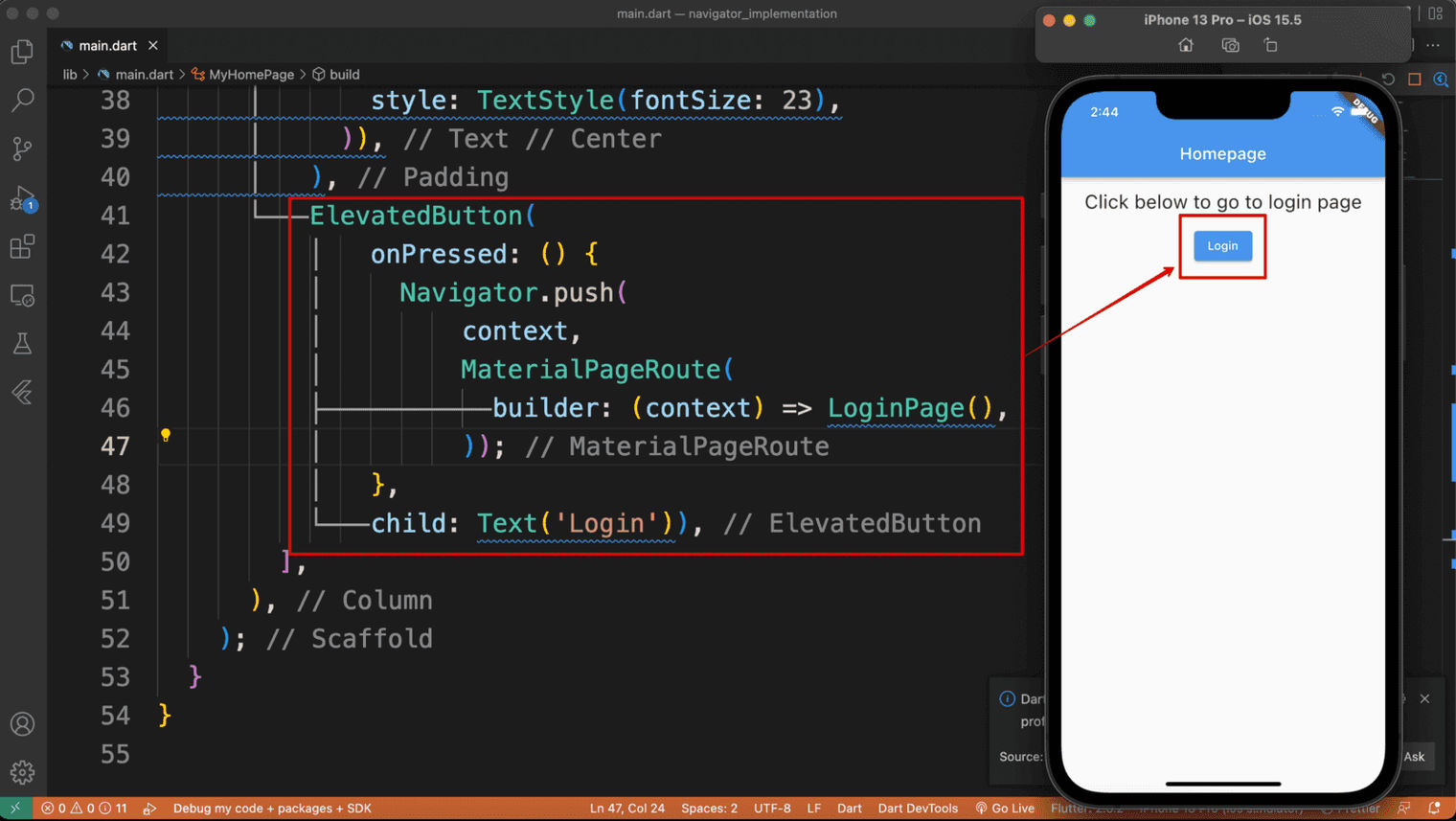Annotated screenshot of the button and its code.