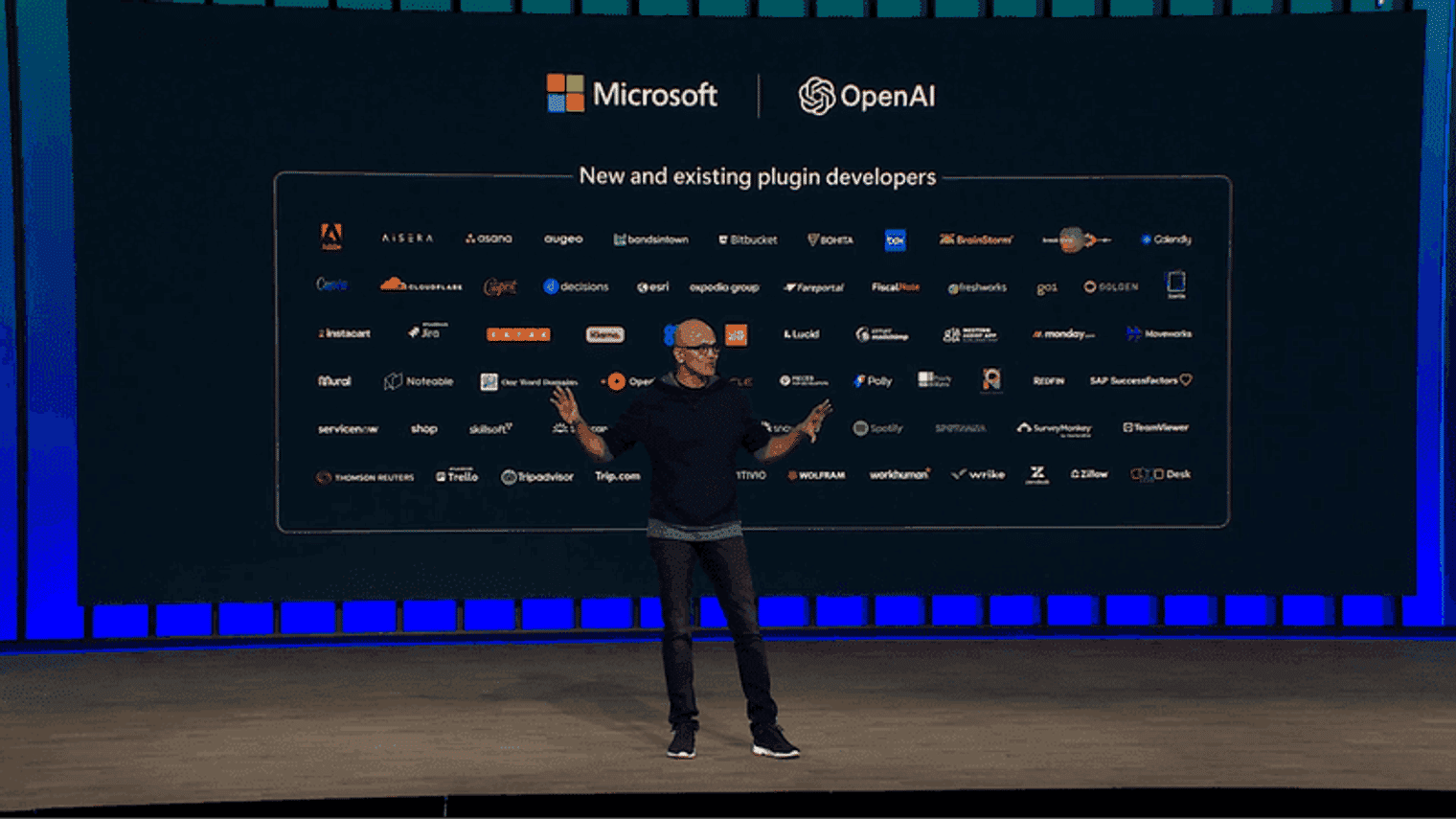 Satya Nadella giving a keynote address about future AI tools at Microsoft Build 2023.