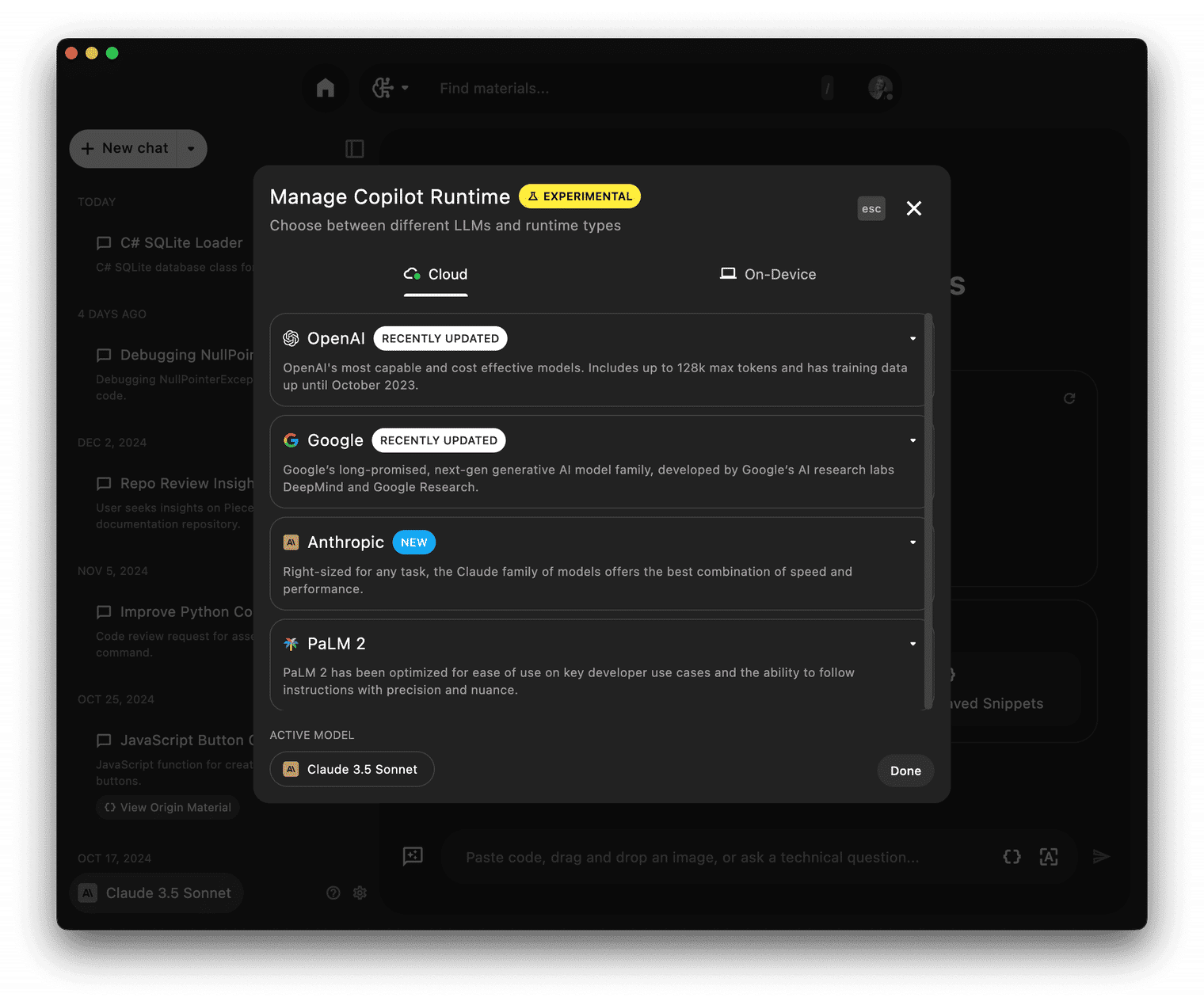 Screenshot from a desktop app displaying multiple LLM (Large Language Model) options, illustrating the variety of choices available for users.
