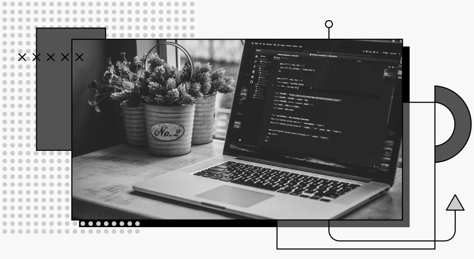 decorative cover image showing code on a laptop on a desk with a potted plant