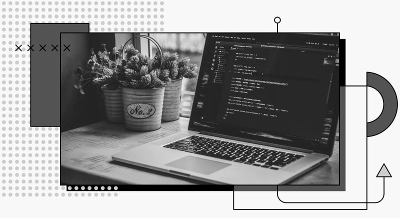 decorative cover image showing code on a laptop on a desk with a potted plant