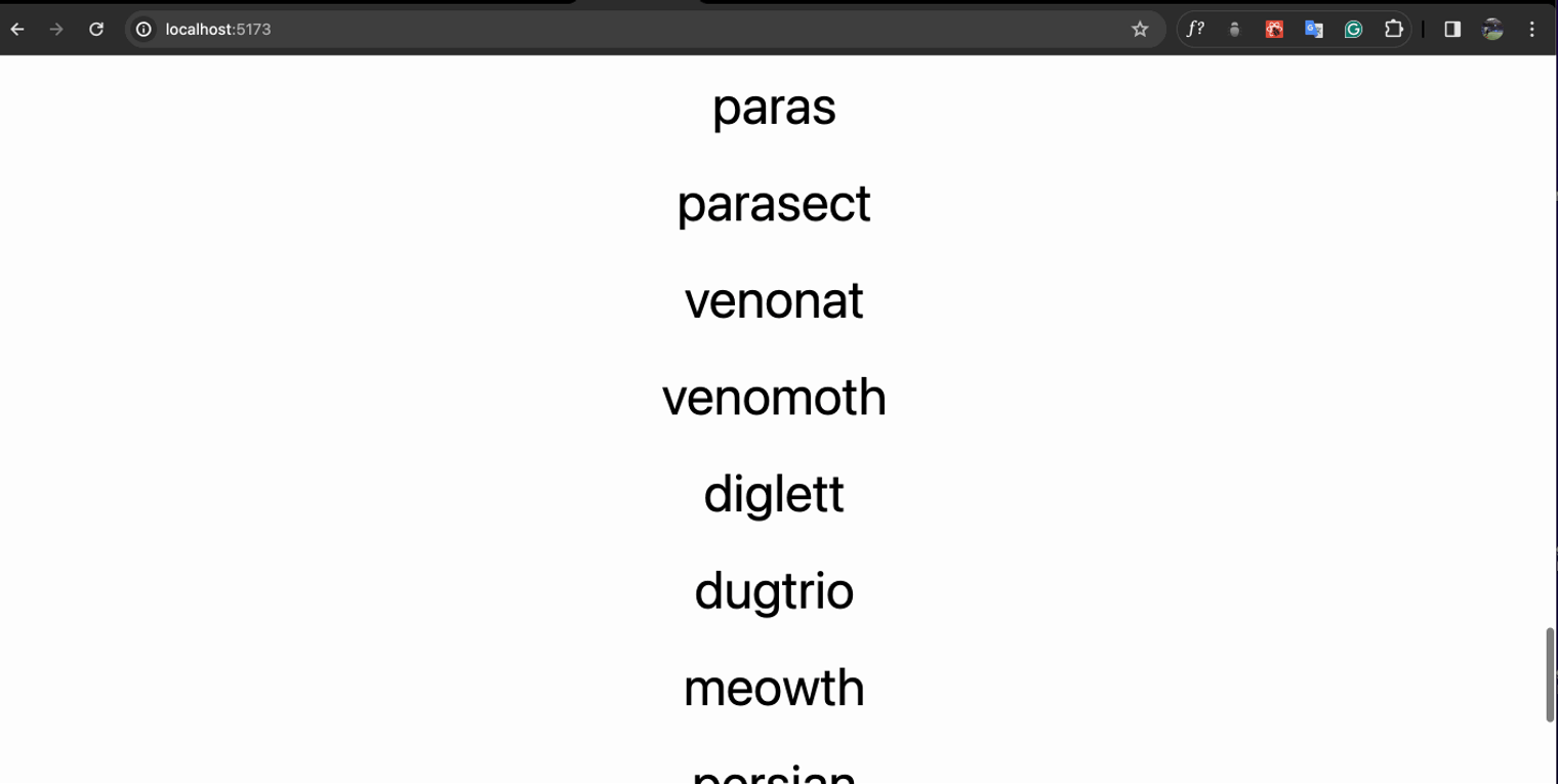 List of words on a local host with React infinite scrolling.