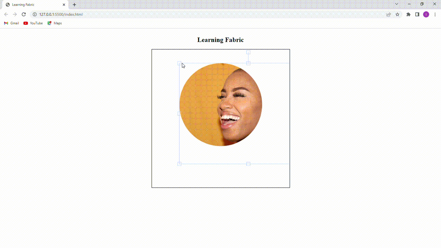 gif of a browser window that shows a circle cropped version of the image of the woman smiling