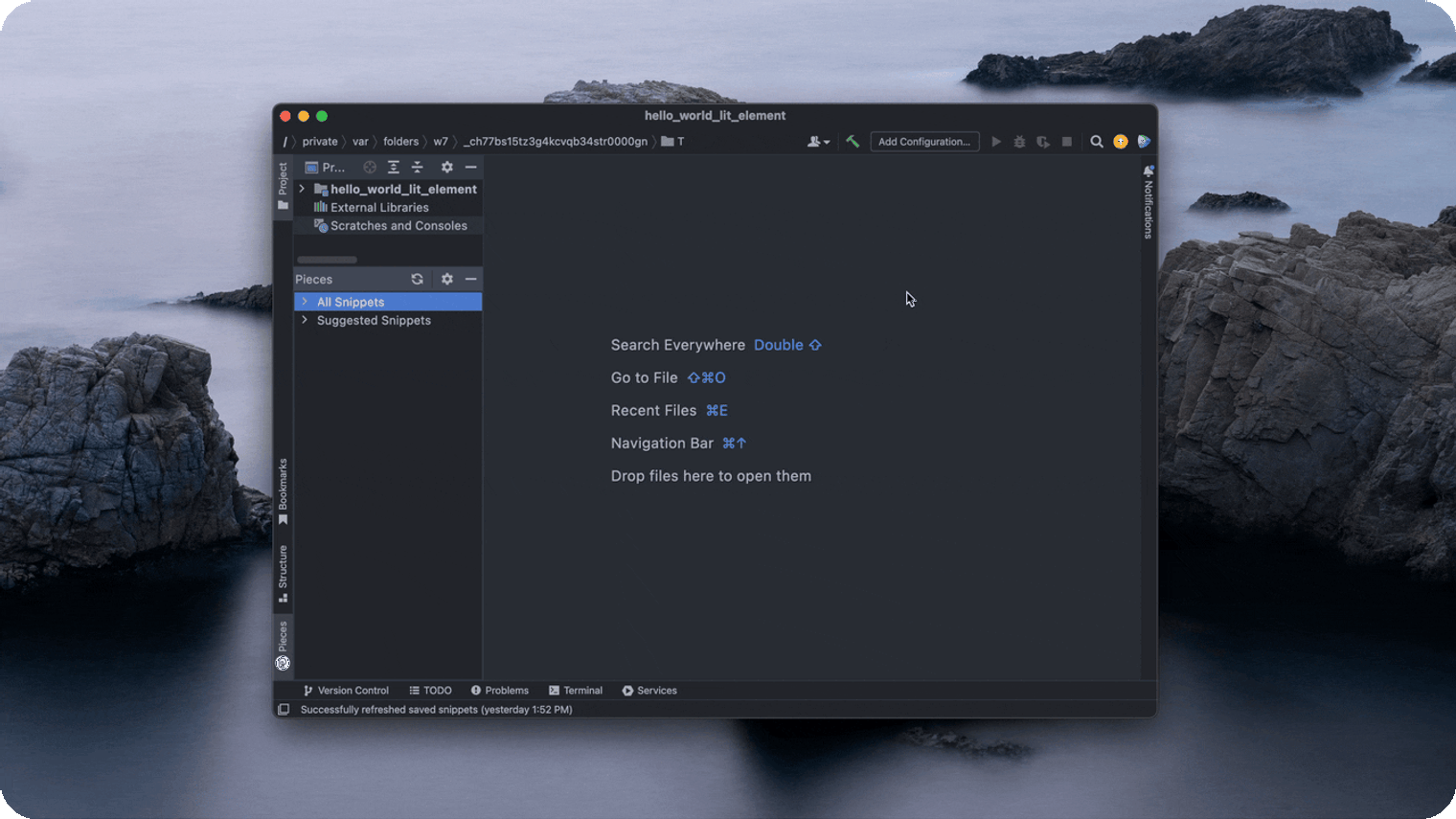 Using VS Code shortcuts to search saved snippets.