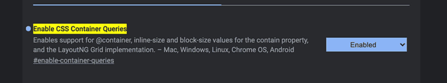 screenshot of the 'enable css container queries' command in chrome canary