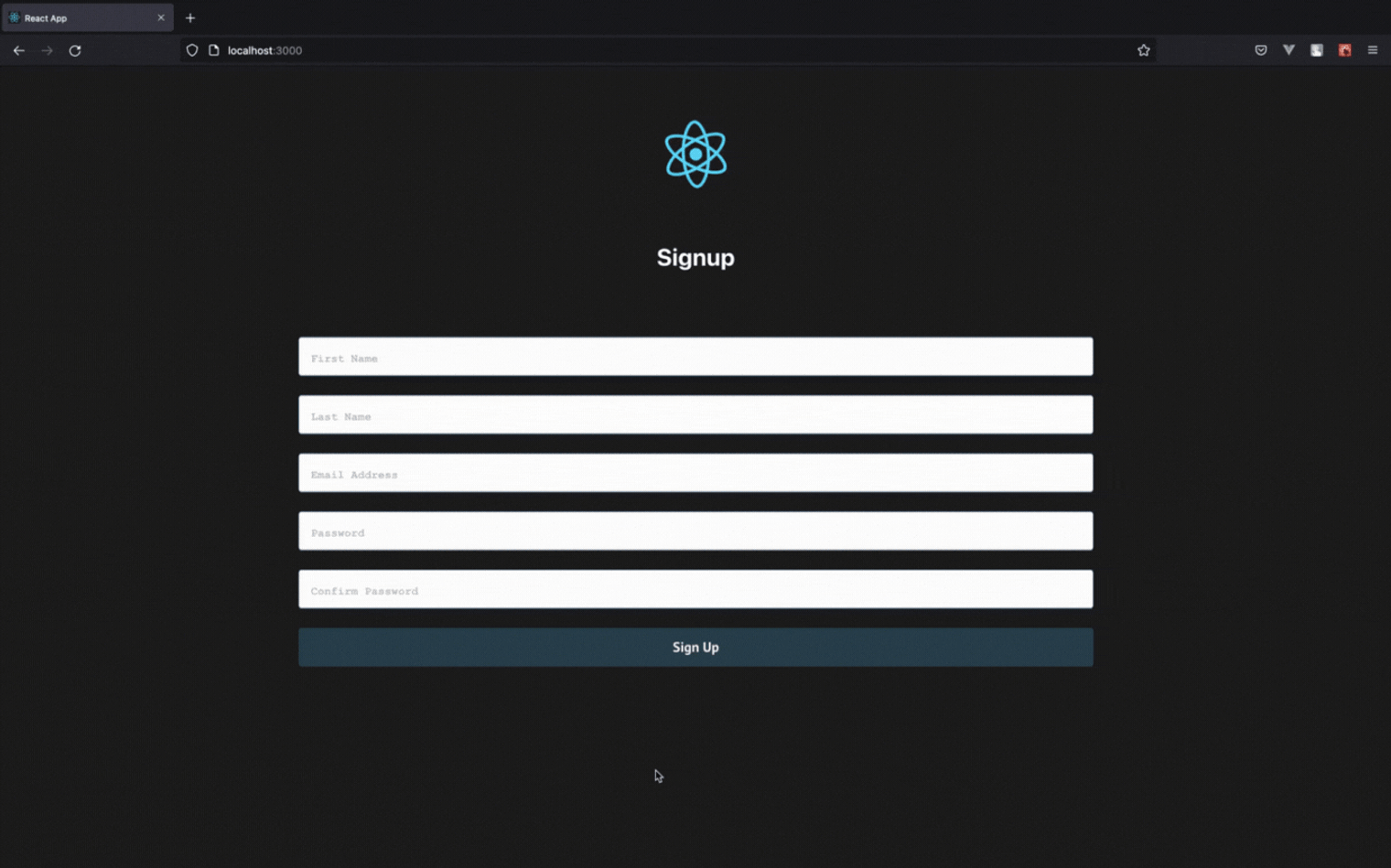 gif that shows the react app sign up screen flow
