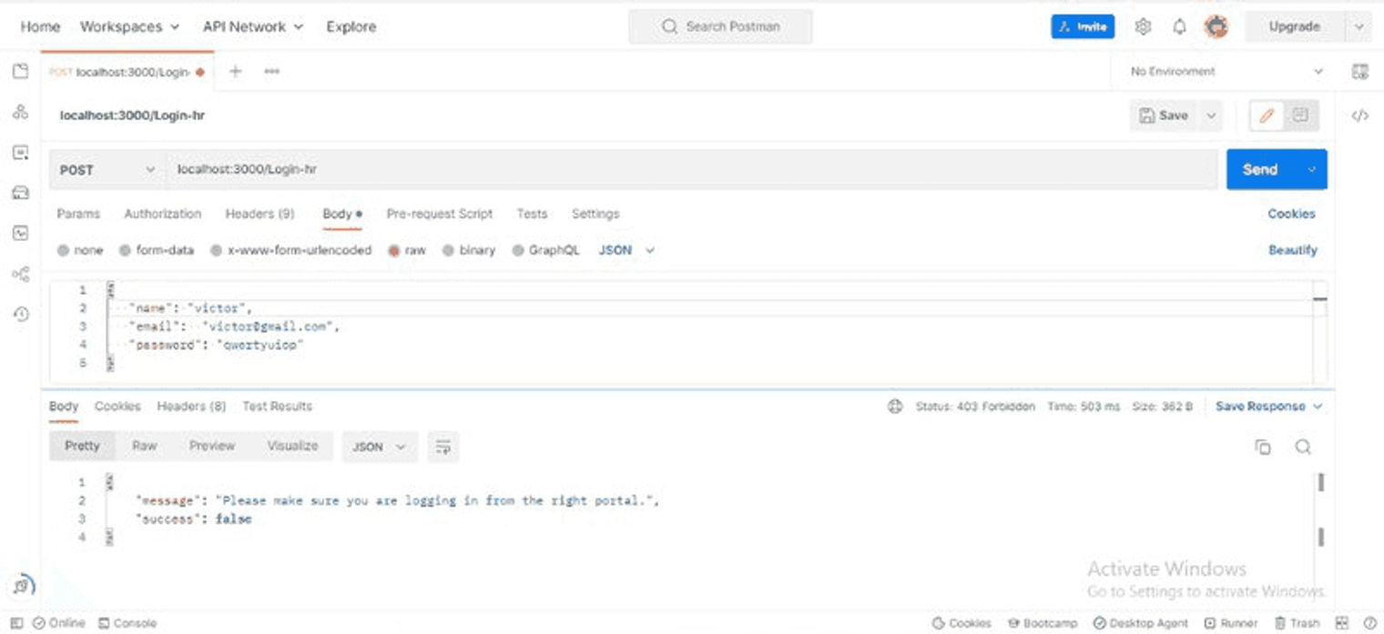 logging in from the human resorces route postman interface on windows
