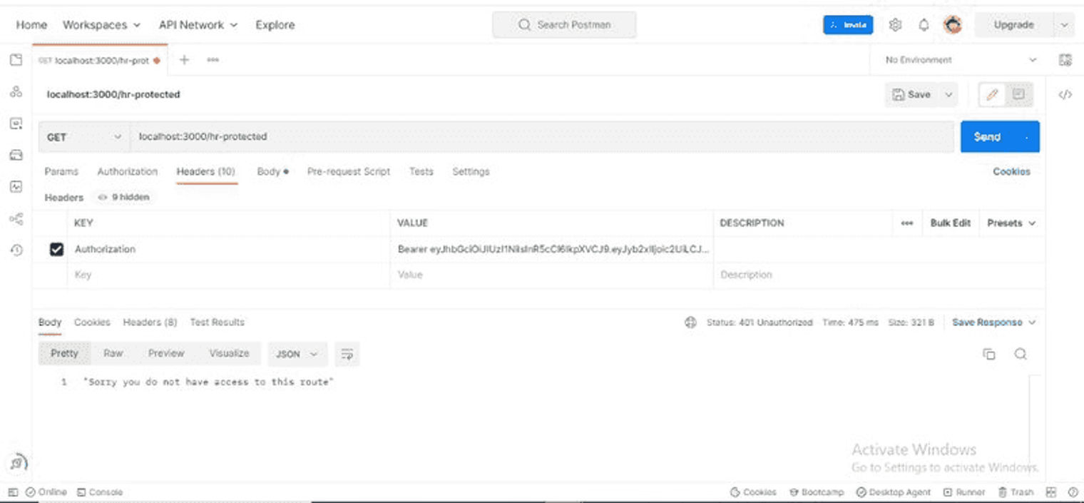 accesing the human resources route in postman