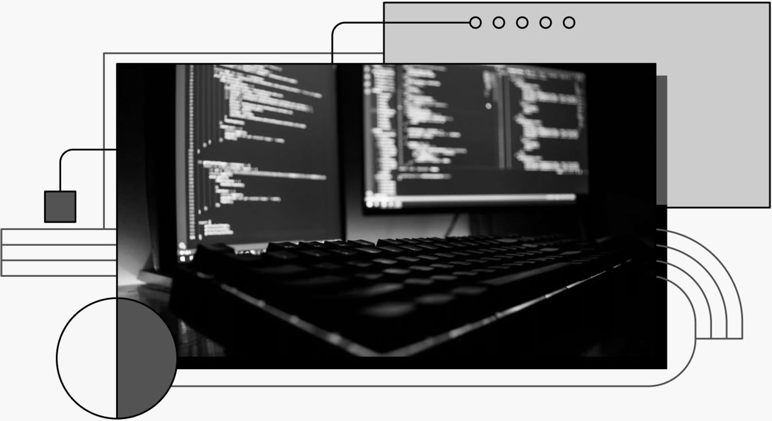decorative cover image that shows a keyboard with code in the background