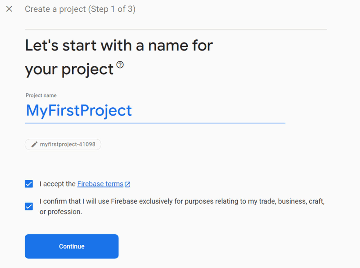 Create a project page. Firebase App.