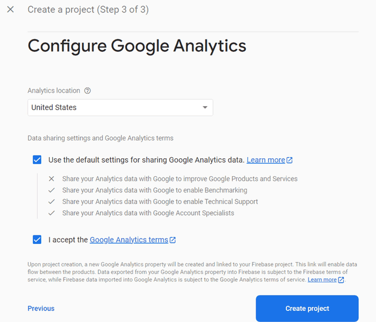 Configure Google Analytics. Firebase App.