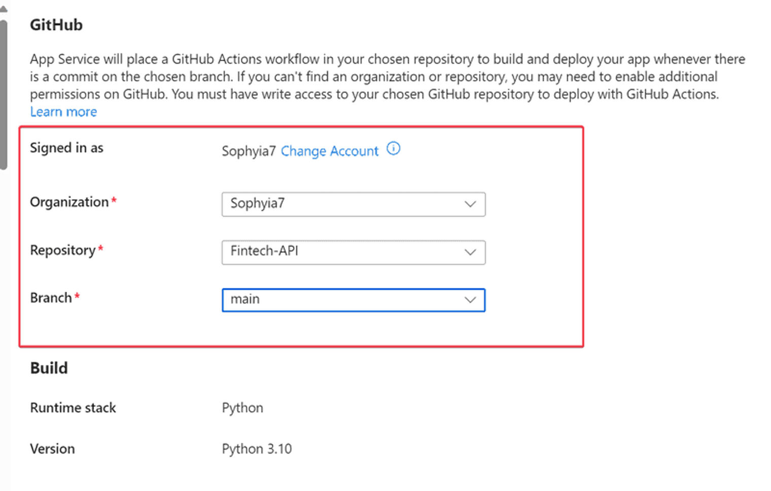 Selecting a GitHub repository.