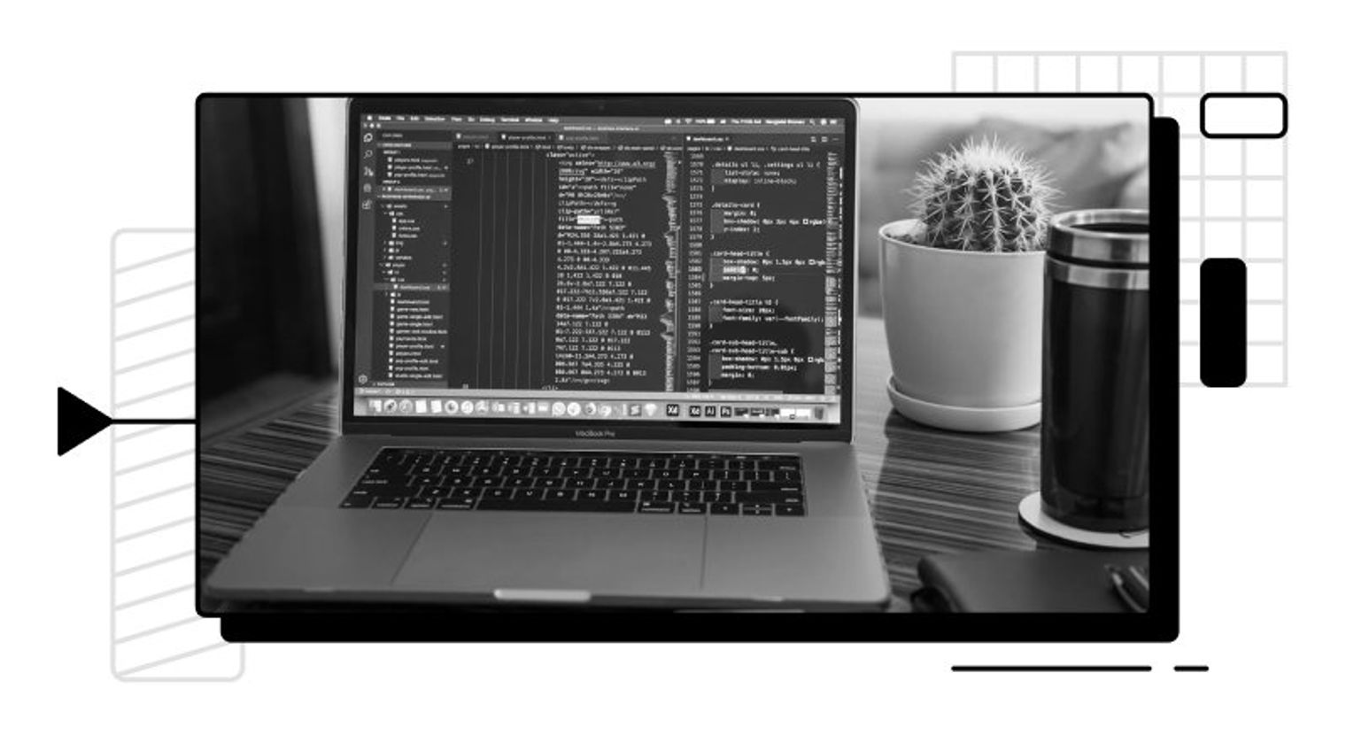 Cactus, coffee cup, and laptop on a desk.