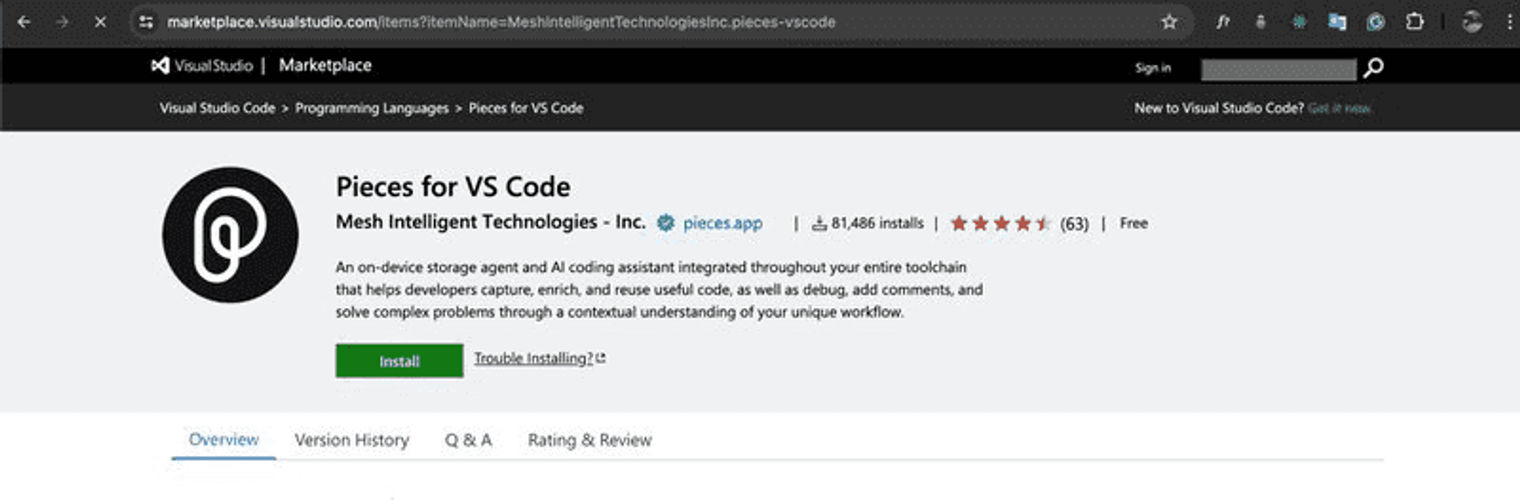 The best VS Code extension on the list, the Pieces for VS Code marketplace listing.