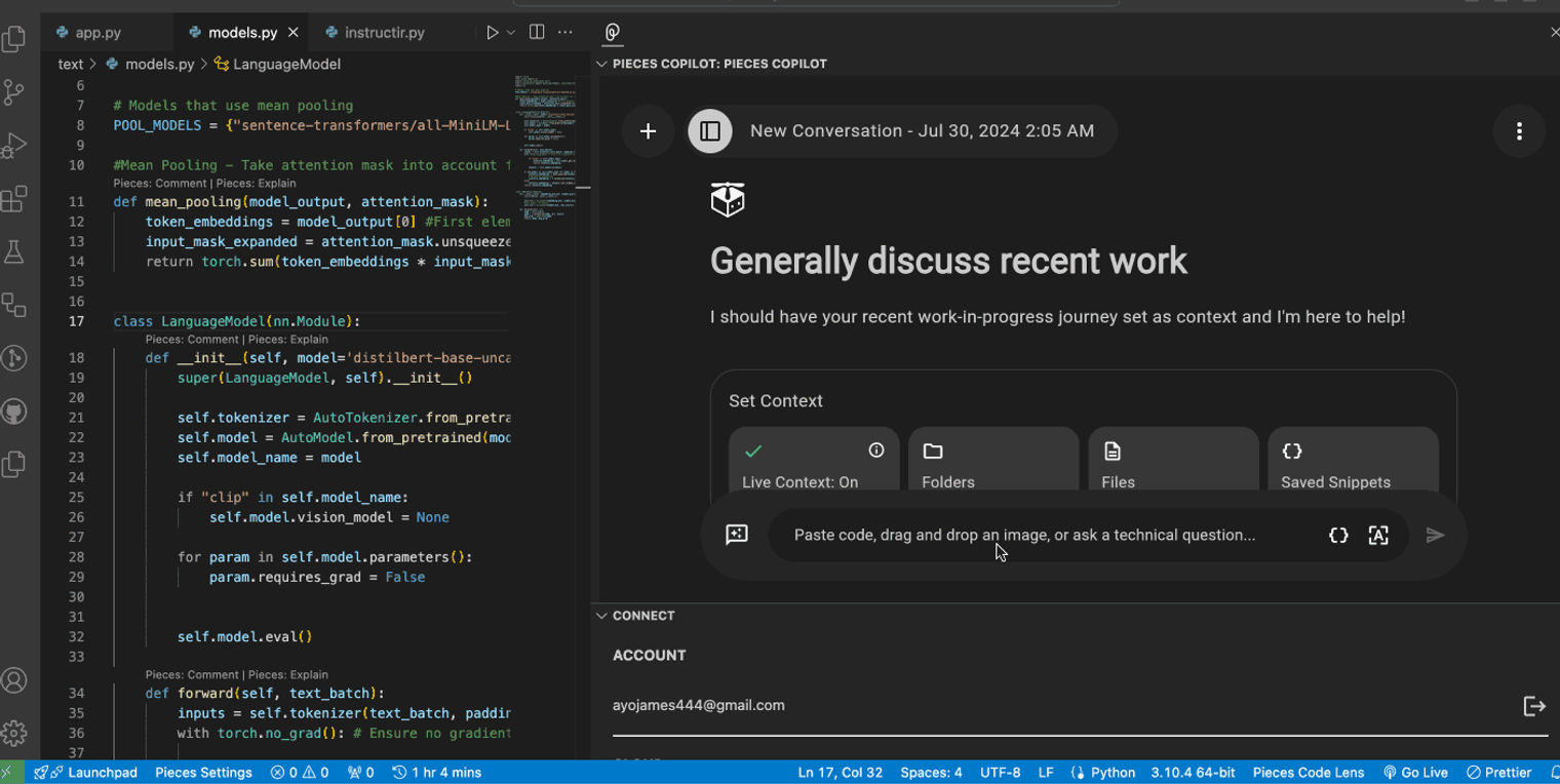 Turning Live Context on in Pieces for VS Code.